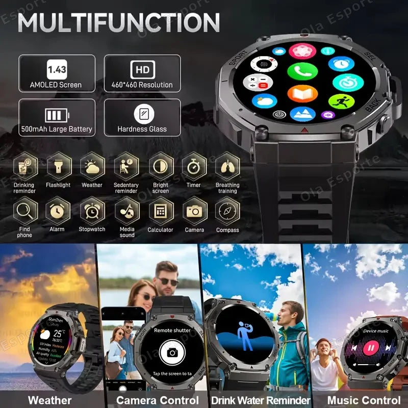 Military GPS Smart Watch AMOLED Compass Altimeter HD Calls