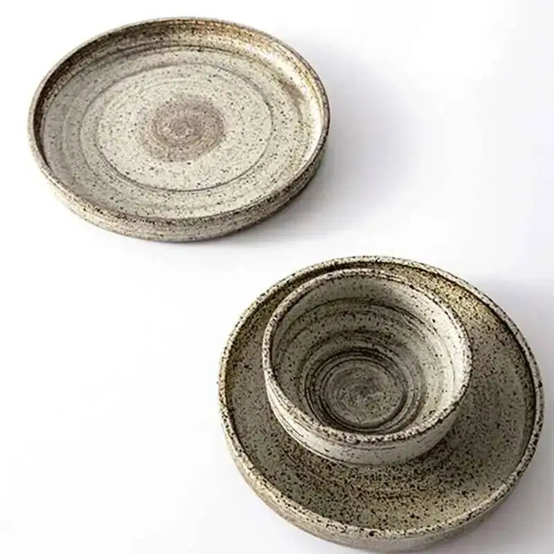 Retro Handmade Stoneware Rice Soup Bowl Tea Cup Round Steak Salad Dinner Plate Dishes Home Dining Dish Japanese Tableware Set Oasis Select