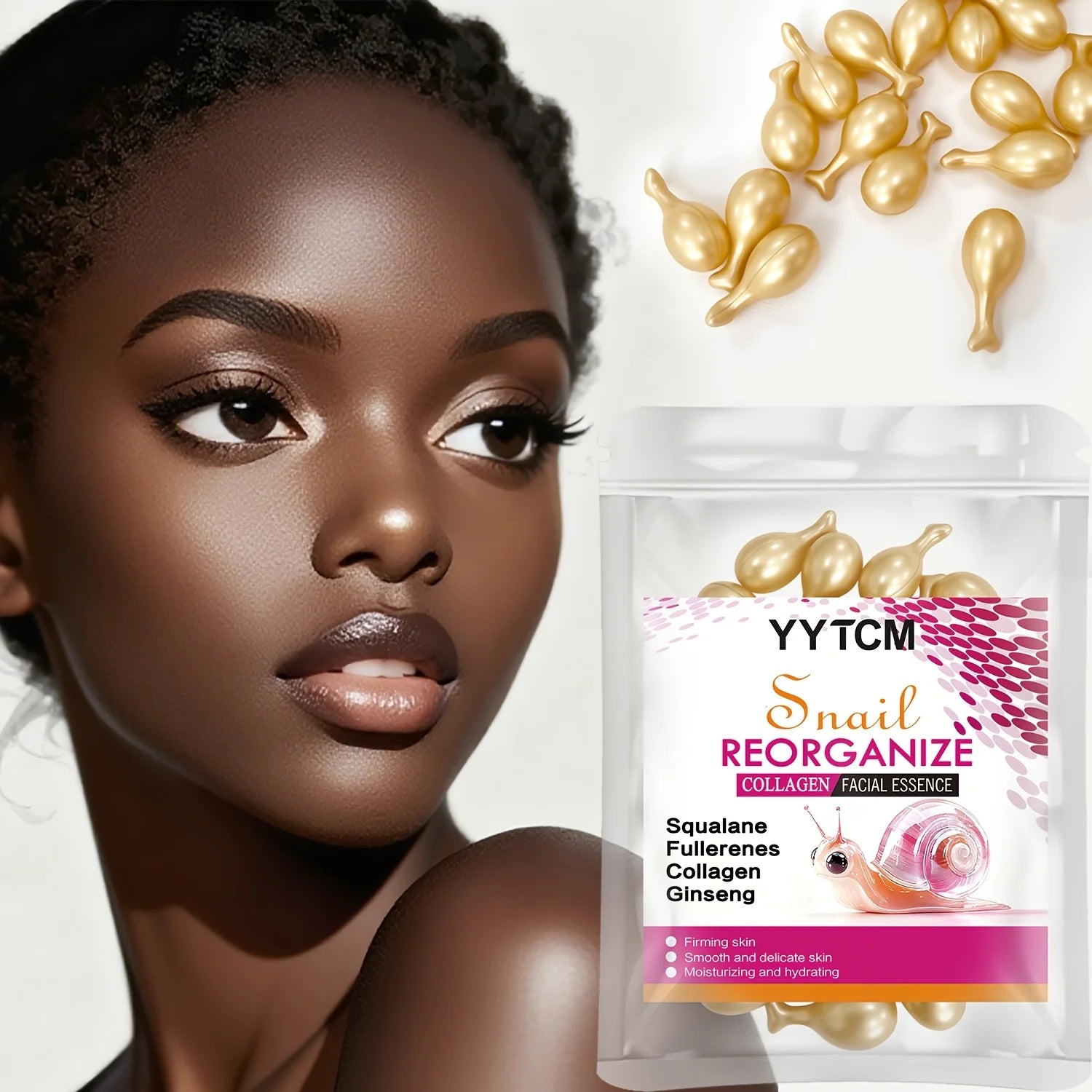 Snail Recombinant Collagen Essence Capsules, Moisturizing and Firming Essence, Smoothens Skin, Contains Squalane, Ginseng Extract, Deeply Hydrates (0.34Gx30 Capsules)/Bag-1 Bag Oasis Select