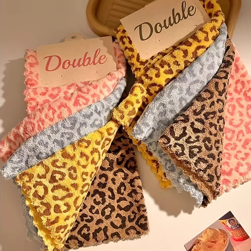 4pcs Leopard Print Cloths for Household Use, Absorbent and Non Shedding Coral Fleece Towels, Kitchen Dishwashing Cleaning cloth Oasis Select