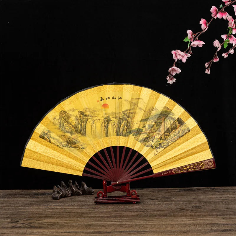 Premium Chinese Style Folding Fan Head Bamboo Double-Sided Silk Fabric Intricate Carved & Hollow Men's Fan Oasis Select