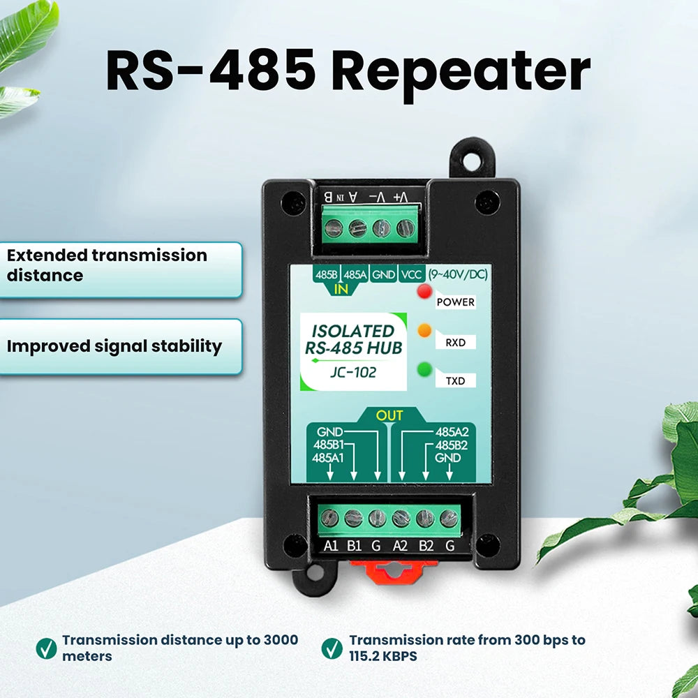 DC 9-40V RS485 2-Way Opto-Isolated Repeater Industrial-Grade 485 Hub 2-Port Anti-Interference Surge-Protected Signal Amplifier Oasis Select