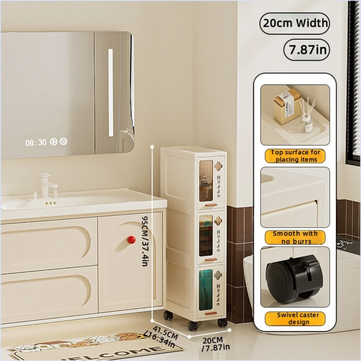 Slim Mobile Storage Cabinet, Space-Saving Narrow Drawer Organizer, Minimalist Multi-Purpose Design for Kitchen/Bathroom/Living Oasis Select 20cm 3 Tiers