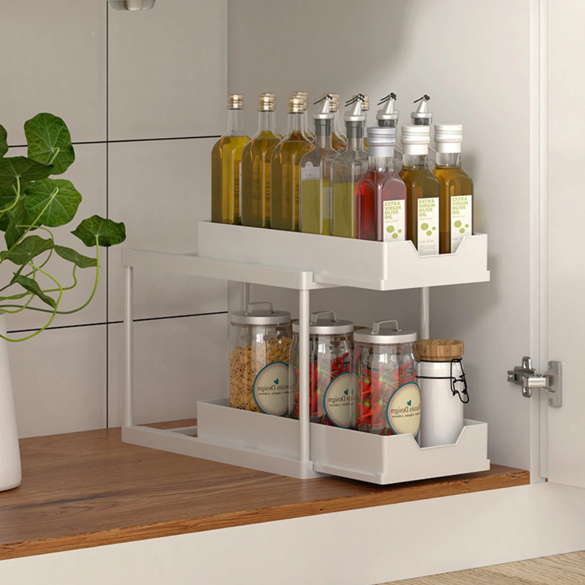 Double-Layer Pull-Out Kitchen Storage Rack, Non-Slip and Stable, Multifunctional Storage Box with Five Hooks, Under-Sink Oasis Select WHITE 2-tier