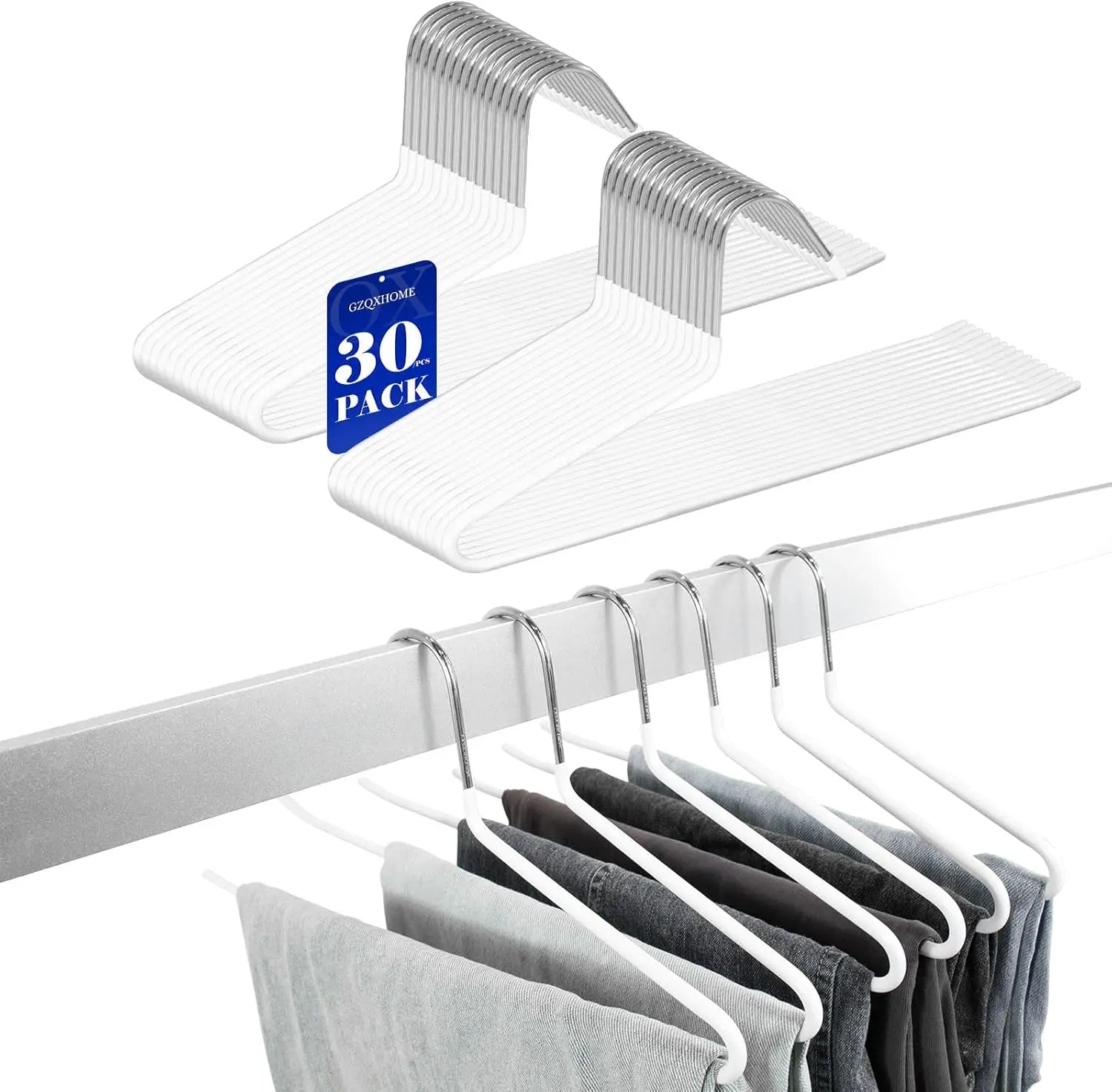 20/30pcs Pants Hangers Non-Slip, Heavy Duty Metal Trouser Racks Space Saving, Open Ended Jeans Hangers for Closet Organization Oasis Select white 30pcs