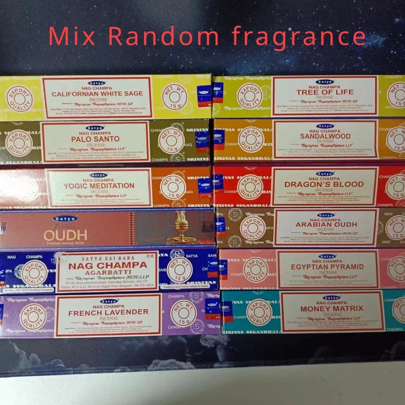 6/12boxes Satya White Sage Incense Sticks Home Fragrance NAGCHAMPA Sticks OUDH PALO SANTO Mix Incense YOGIC MEDITATION Aroma Oasis Select mix 12 small boxex