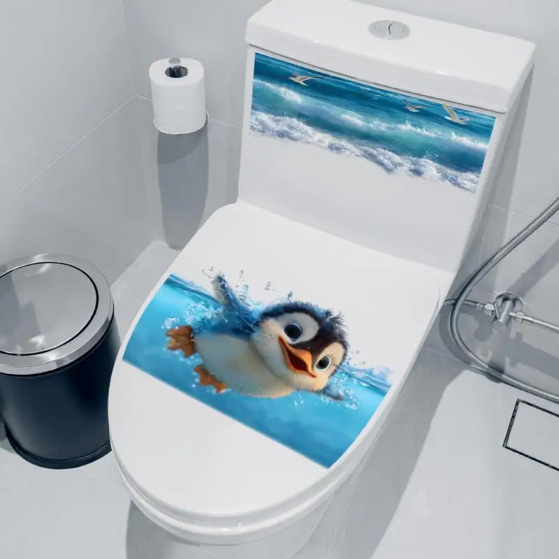 Waterproof Toilet Sticker Adorable Cartoon Penguin Seagull Underwater Print DIY Decal for Bathroom Toilet Lid Decor Oasis Select