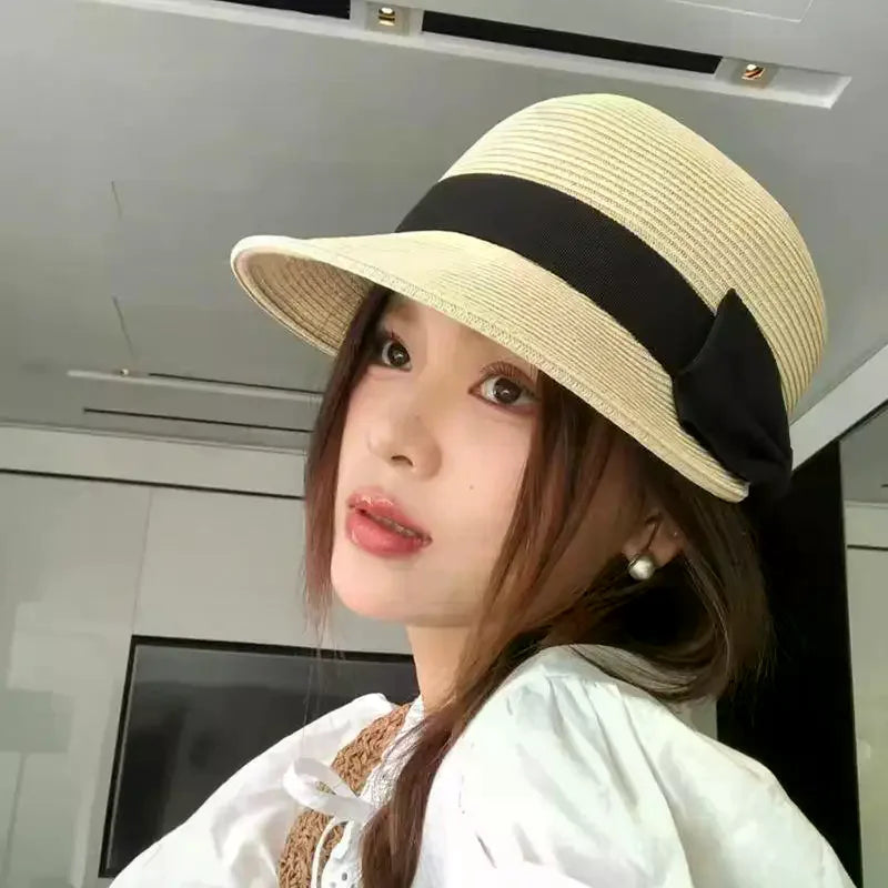 Women's Summer Straw Hat French Flat Top Vintage Bow Sun Visor Cap For Outdoor Travel Beach Vacation Sunscreen Headwear Oasis Select