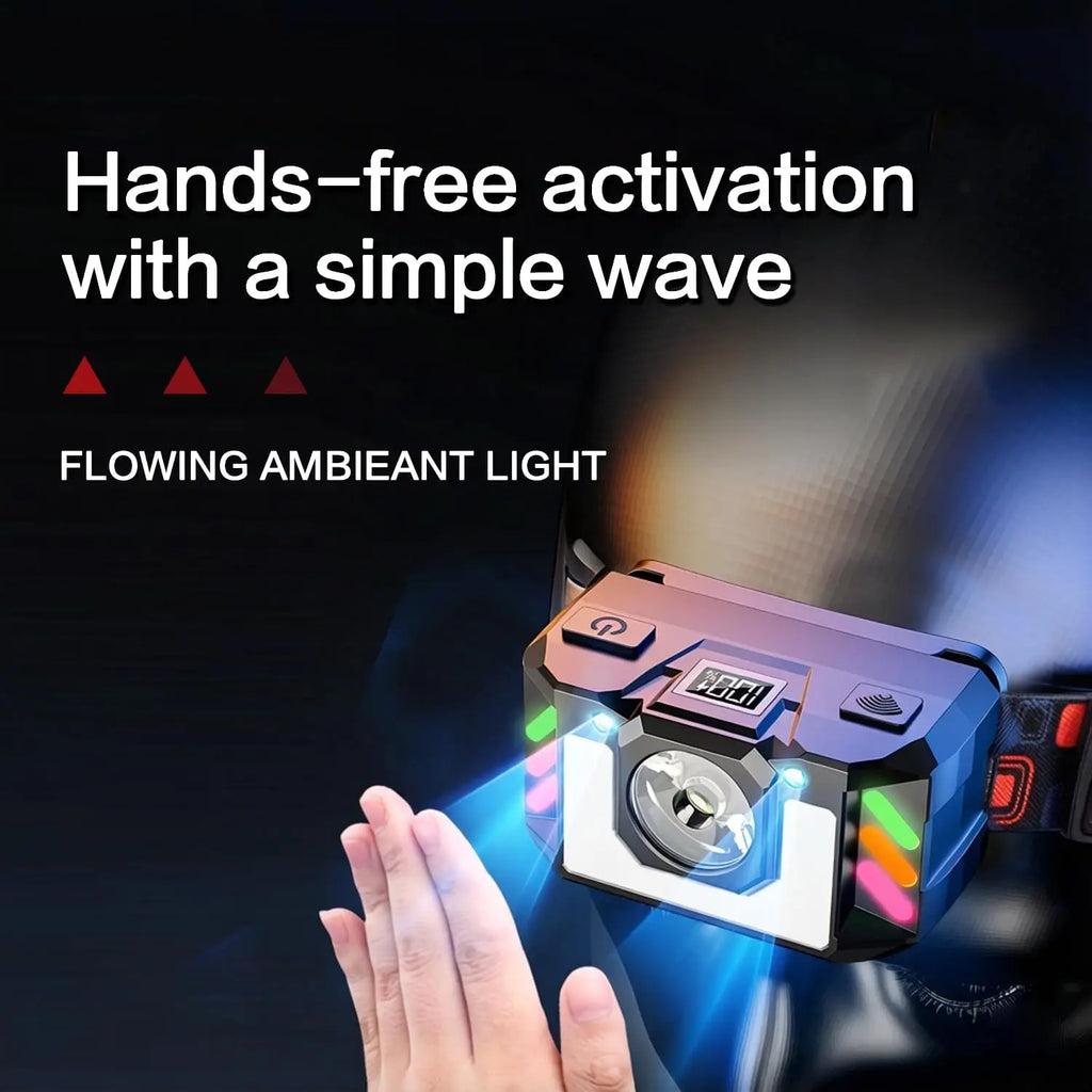 Rechargeable LED Headlamp, Super Bright Head Torch with 4 Modes and Multicoloured RGB Lighting, Sensor Control, Lightweight Oasis Select