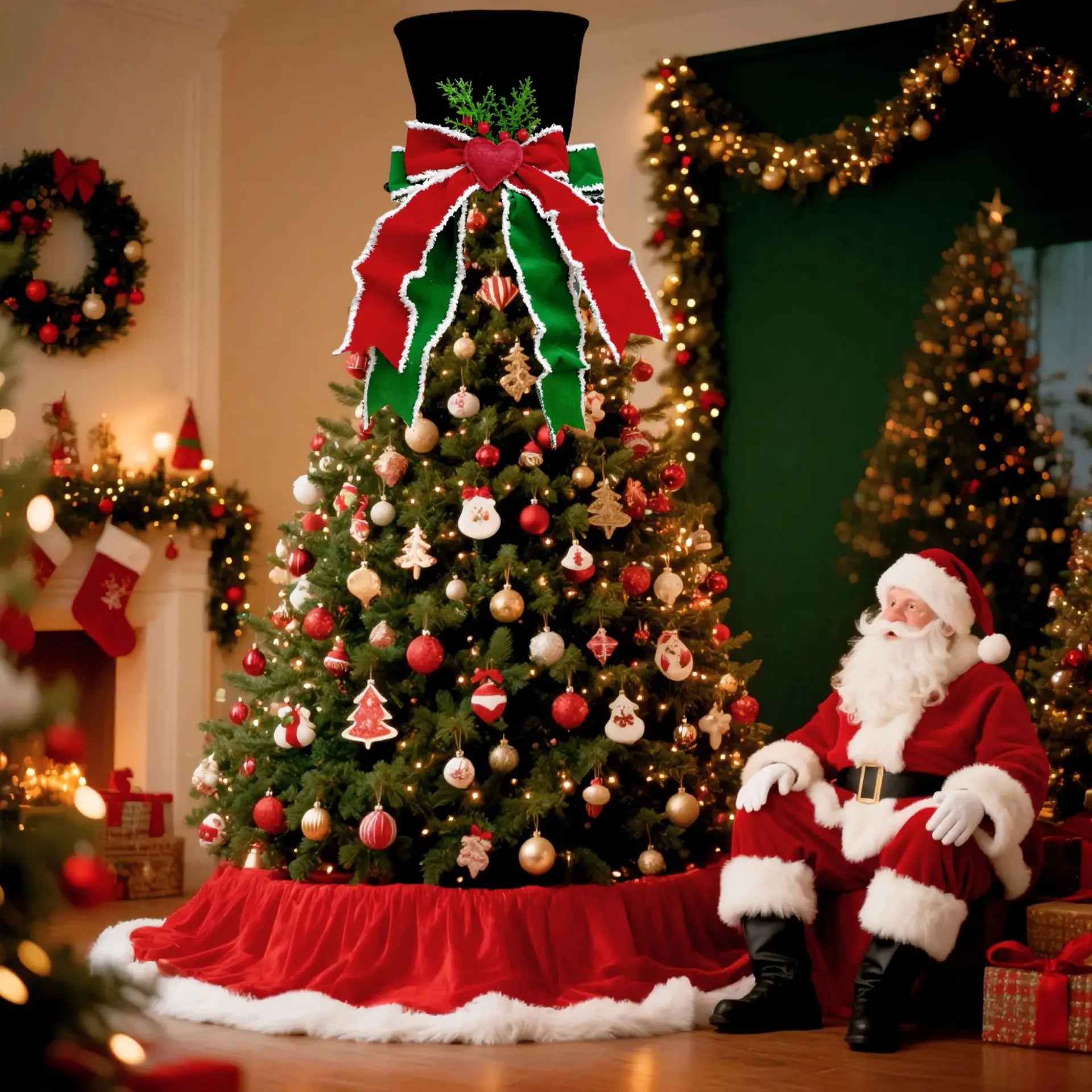 Christmas Tree Topper Hat Classic Heart Bow Hat Tree Topper Holiday Ornament for Home Decoration Oasis Select