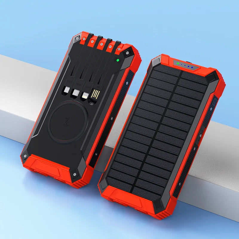 New 38000mAh multifunctional Solar Power Bank Mobile Power Fast Charging Battery With 4 Cables Wireless Charger LED Flashlight Oasis Select 1 pcs Red