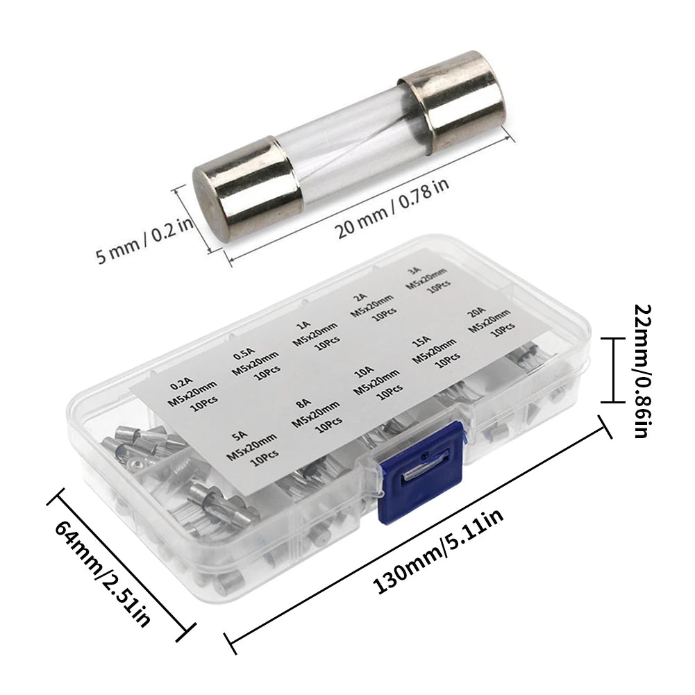 100-Pack 5x20mm Fast-Blow Glass Tube Fuse Kit 0.2A–20A 250V Glass Tube Fuse Kit Oasis Select