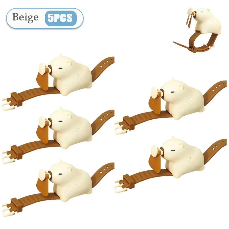 1-10PCS Cute Capybara Wrist Fan Portable Handheld Fan USB Rechargeable Silent Wearable Watch Style Cooling Gadget for Summer Oasis Select Beige-5PCS