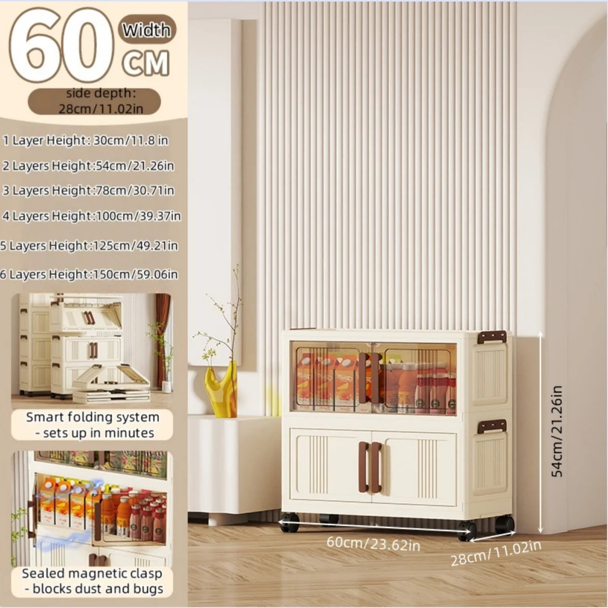 Foldable storage cabinet - movable multi-level double-door storage cabinet - living room and kitchen transparent storage box Oasis Select 2 Tier Mixed