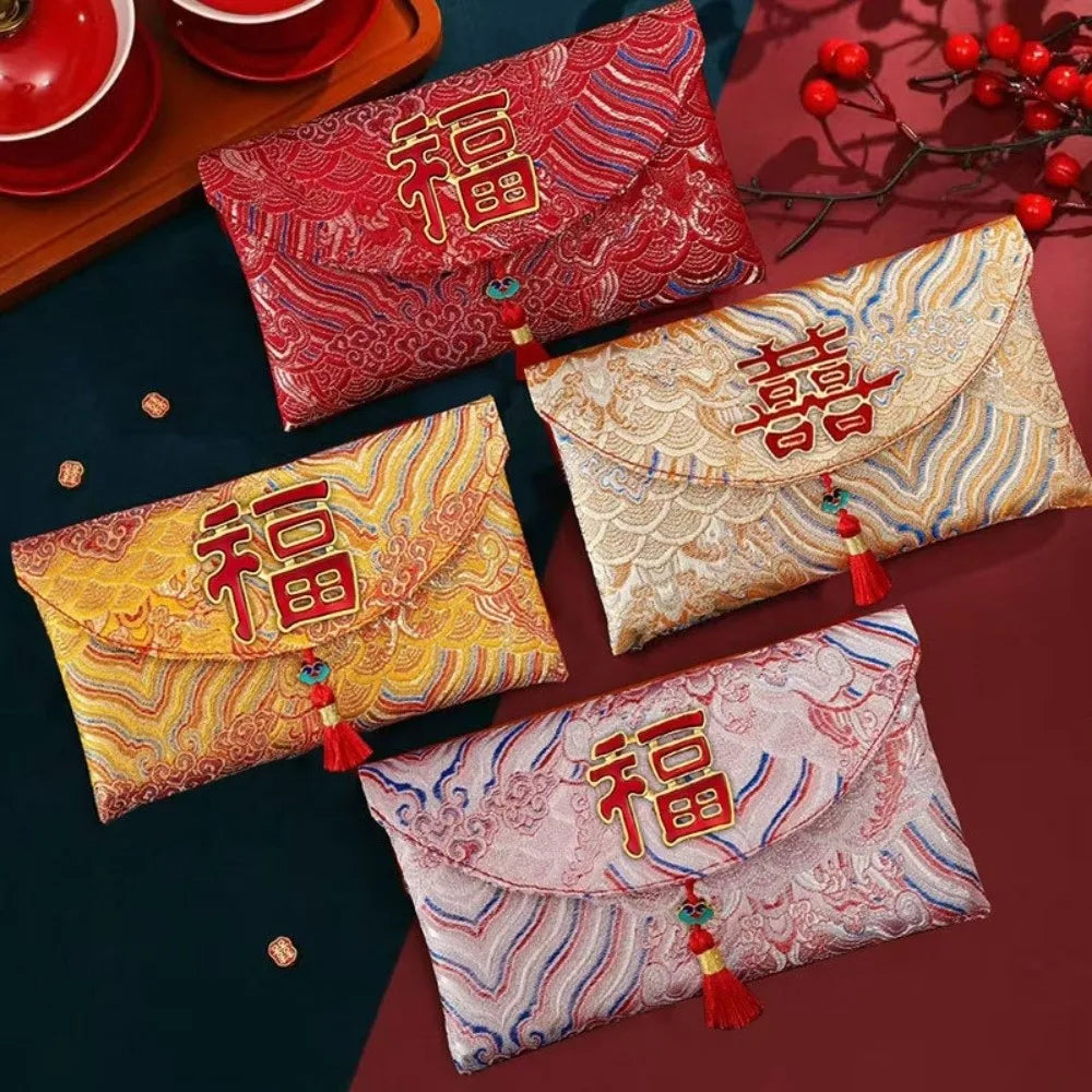 New Fabric Red Envelope Red Color Big Capacity Money Pocket Embroidery HongBao Spring Festival Oasis Select