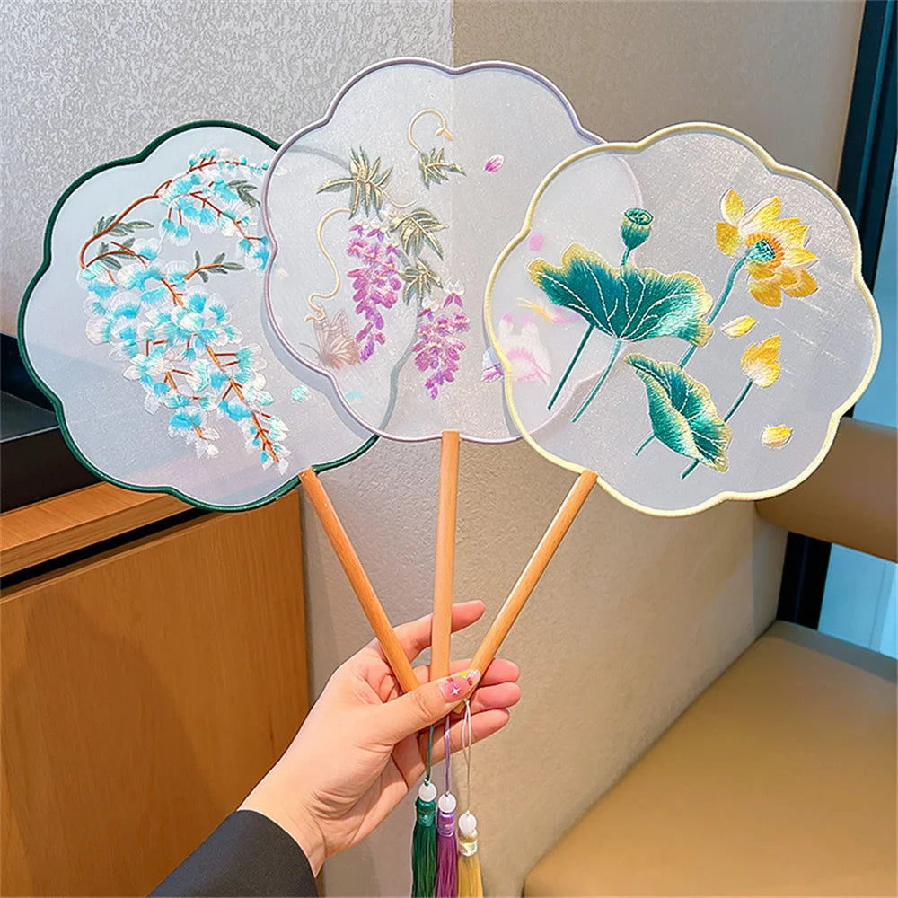 Flower Embroidered Silk Round Fan Chinese Hand Fans with Wooden Handle Tassel Wedding Party Dance Accessories Home Decor Oasis Select