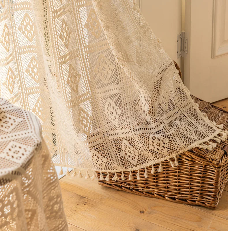 Cotton crochet hollowed out woven curtain American rural retro cotton linen lace tassel gauze curtain window curtain Oasis Select