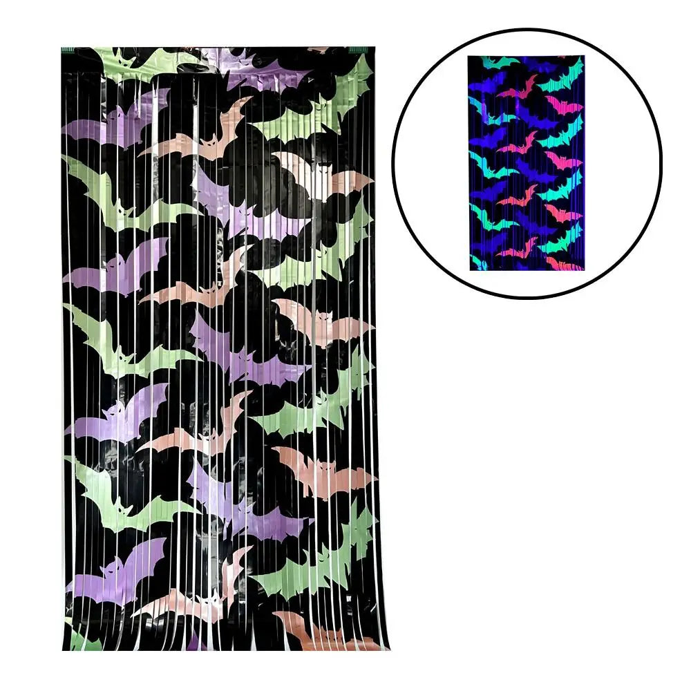 1x2M Fluorescent Tinsel Curtain Bat Pattern Cartoon Wall Hanging Bat Pendants Funny Reusable Scary Background Wall Tassel Oasis Select