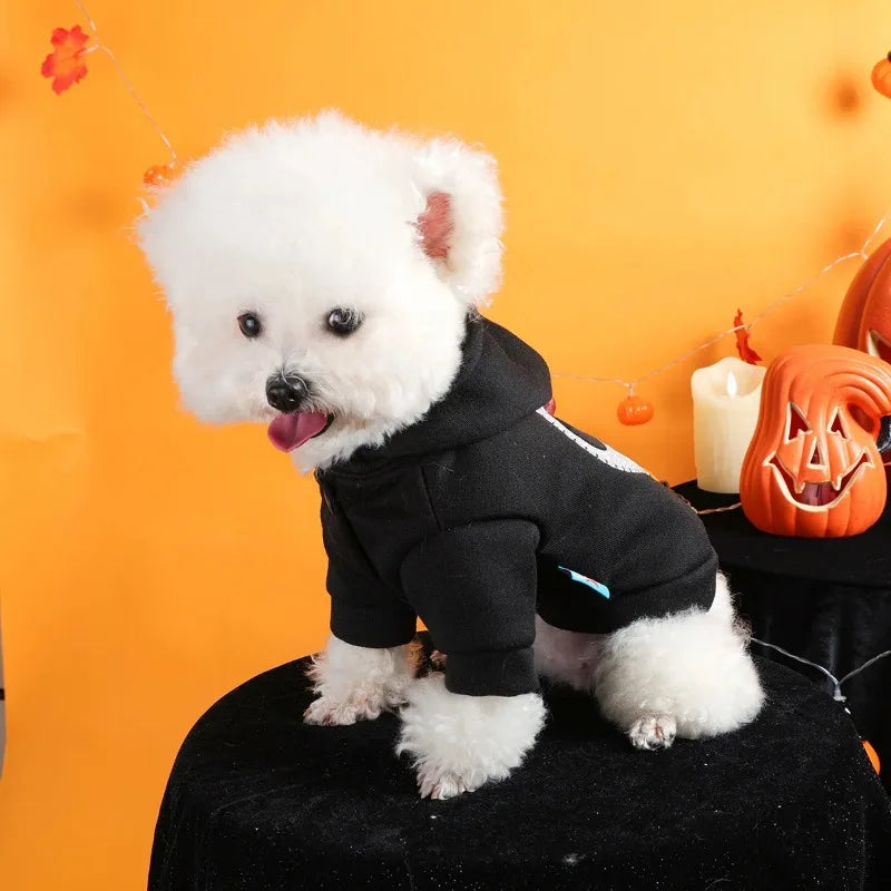 Pet Clothes Dog Cat Silver Skull Halloween Sweater Black Thickened Funny White Skull Embroidered Button Hooded Jacket Oasis Select