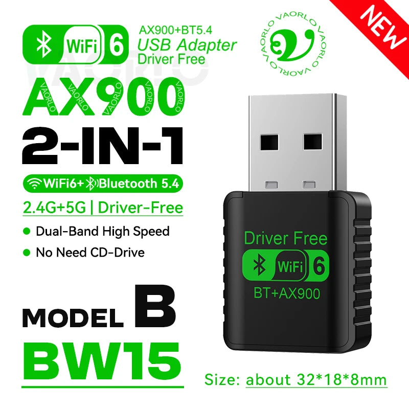 AX900 WIFI6 USB Adapter 2 IN 1 Bluetooth 5.4 Dual Band 2.4G&5G 900Mbps WiFi 6 802.11AX Mini Wireless Card Receiver For WIN 10/11 Oasis Select Model B