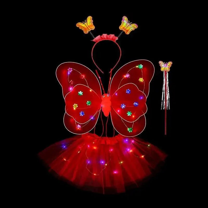 Luminous Wings Flashing Butterfly Skirt Lights Suit LED Children Costume Girls Angel Fairy Prop Photography Performance Wear Oasis Select Red OneSize