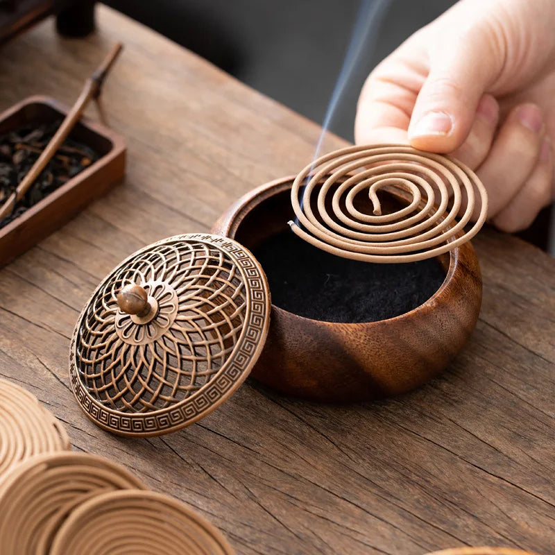 1pcs South American Walnut Retro Solid Wood Round Incense Burner, High-end Atmospheric Home Indoor Incense Burner Oasis Select