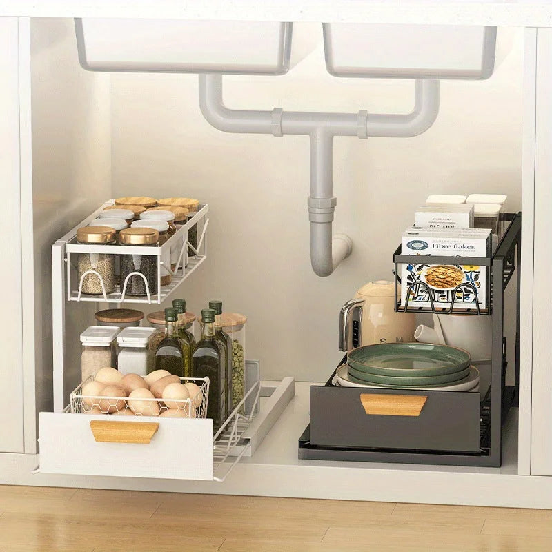 2-Tier Sliding Under Sink Organizer - Rustproof Metal Storage for Kitchen & Bathroom Cabinets,Ideal for Cleaning Supplies Oasis Select