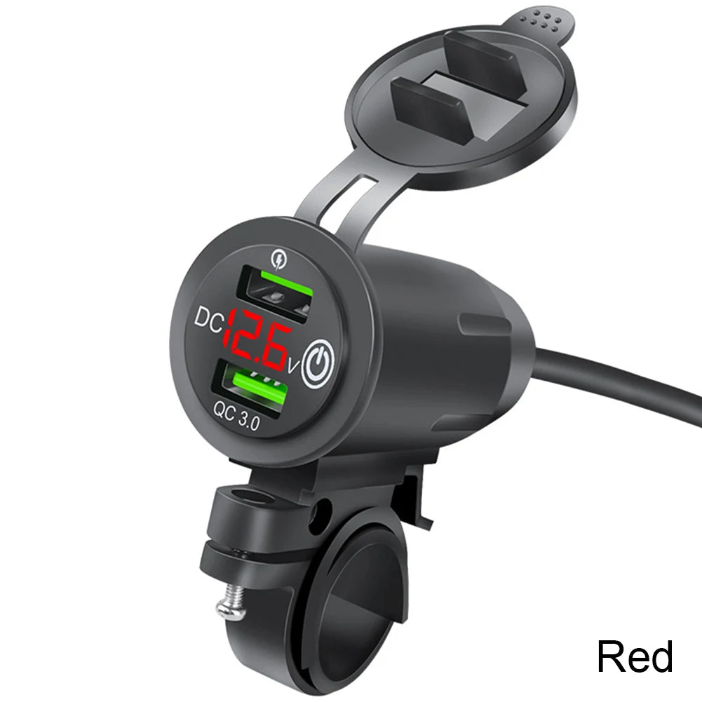Dual QC 3.0 Waterproof Motorcycle USB Charger with Voltmeter