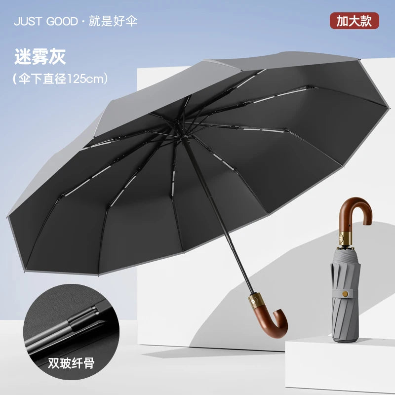 Automatic Umbrella Bent Hook Wooden Handle Umbrella Large Double Thickened Storm Resistant Umbrella Oasis Select Grey 125cm 10K metal-fiber composite