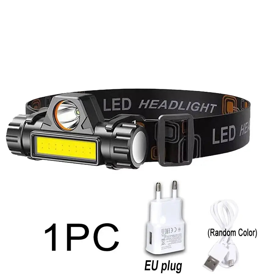 Super Bright LED Headlamp USB Rechargeable XPE+COB Head Flashlight Waterproof with Tail Magnet Dual Light Sources Camping Lamp Oasis Select 1PC with EU Plug