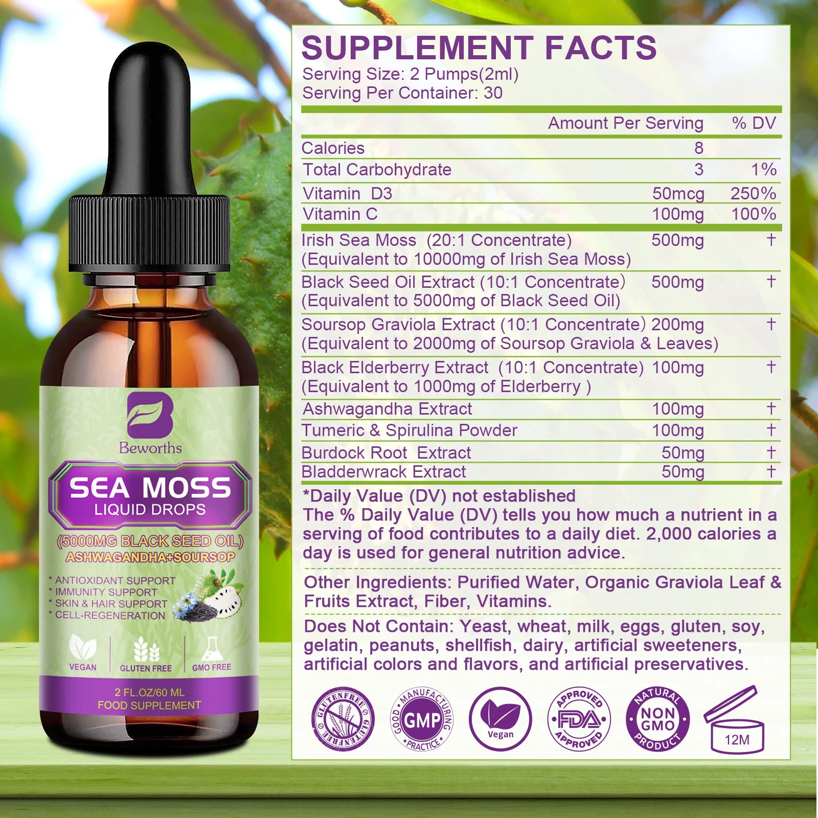 BEWORTHS 60ML Sea Moss Extract Drop Support Immunity and Kidney Health, Promote Digestion and Antioxidation Oasis Select