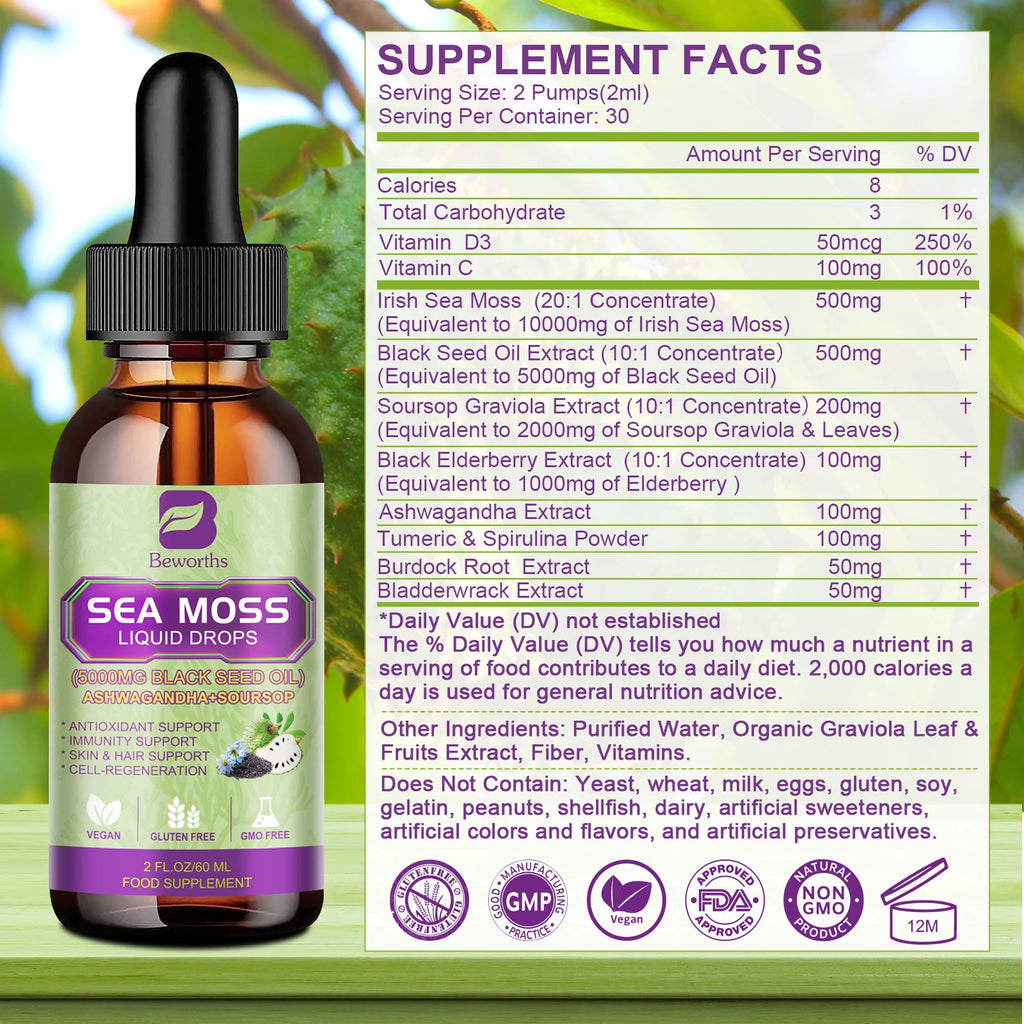 BEWORTHS 60ML Sea Moss Extract Drop Support Immunity and Kidney Health, Promote Digestion and Antioxidation Oasis Select