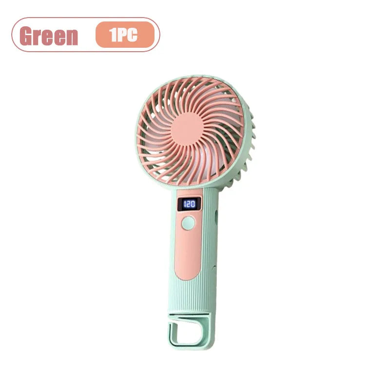 Digital Display Handheld Fan Mini Portable USB Rechargeable 2 in 1 Desktop Standing Cooling Fan for Office Travel Outdoor Oasis Select Green-1PC