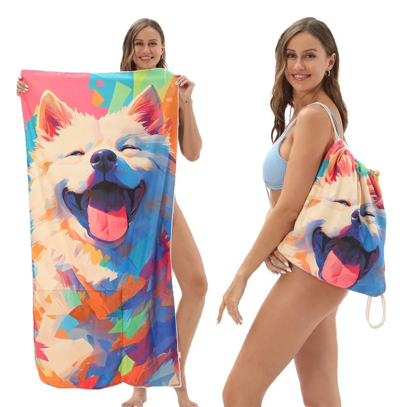2-in-1 Multifunctional Foldable Beach Towel Printed Bath Towel Integrated Beach Towel Bag for Storage Oasis Select