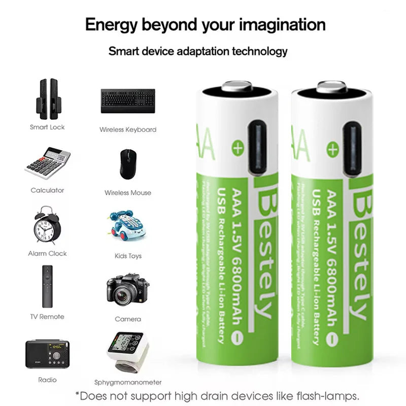 New 1.5V 6800mAh AAA Rechargeable Lithium Battery, USB-C Charge, for Cameras, Electric Toothbrush, Shavers Oasis Select