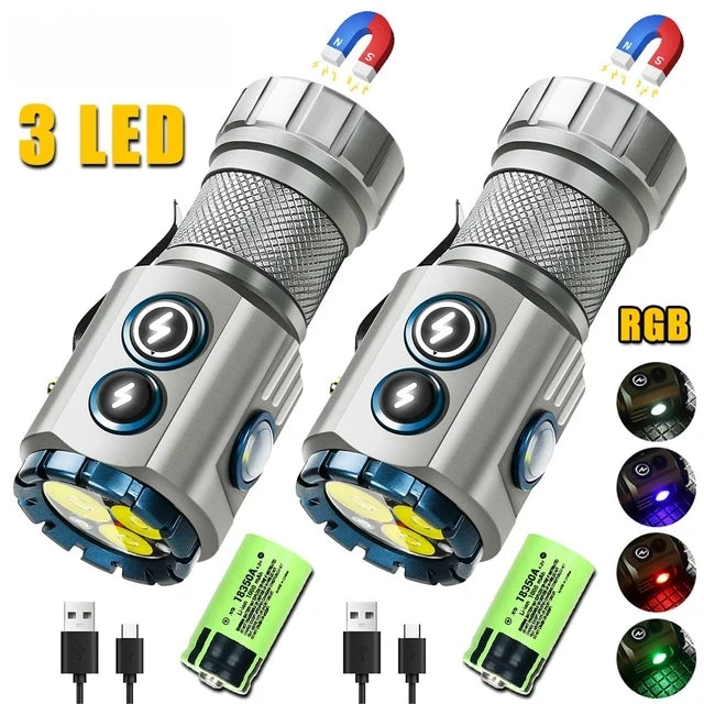 New Upgrade 3 LED Flashlight With RGB Side Lamp Type-C Rechargeable 2000 Lumens Torch Tail Magnet for Camping Hiking Lantern Oasis Select 3LED with RGB 2pc
