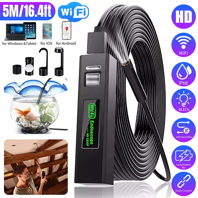 Wireless Endoscope WiFi Borescope Inspection Camera 1200P HD IP68 Waterproof Snake Camera With 8 LED For Android IOS Tablet PC Oasis Select Default Title