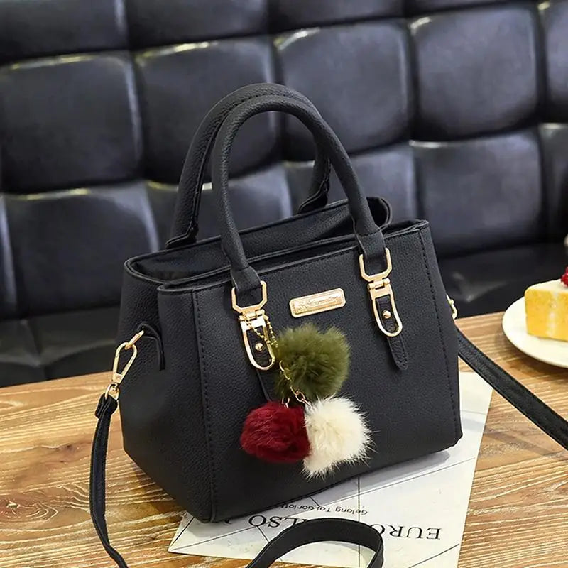 Women's PU Leather Tote Bag | Pom-Pom Crossbody Shoulder Handbag