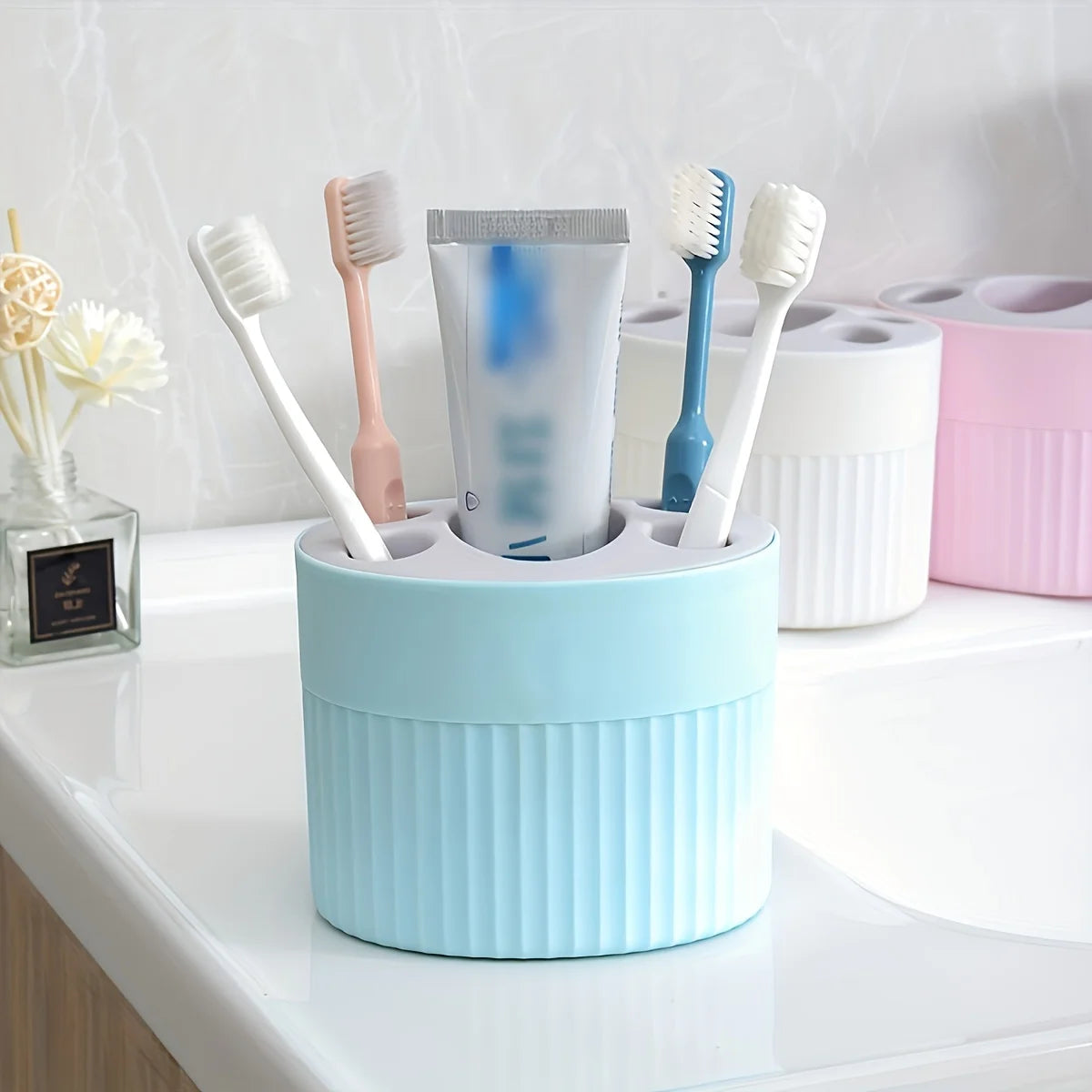 4 Slot Toothbrush Holder ABS Plastic Bathroom Organizer Freestanding Toothpaste Stand with Drain Holes for Home Gift Festival Oasis Select Blue