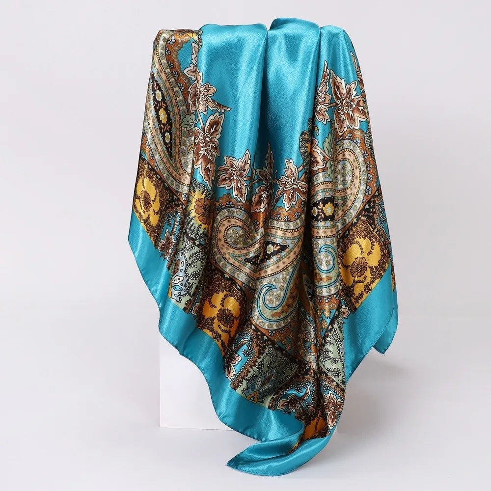 Luxury 90*90cm Satin Square Scarf Bohemian Hair Accessories Print Silk Headkerchief Floral Shawl Wraps Headband Wedding Oasis Select F