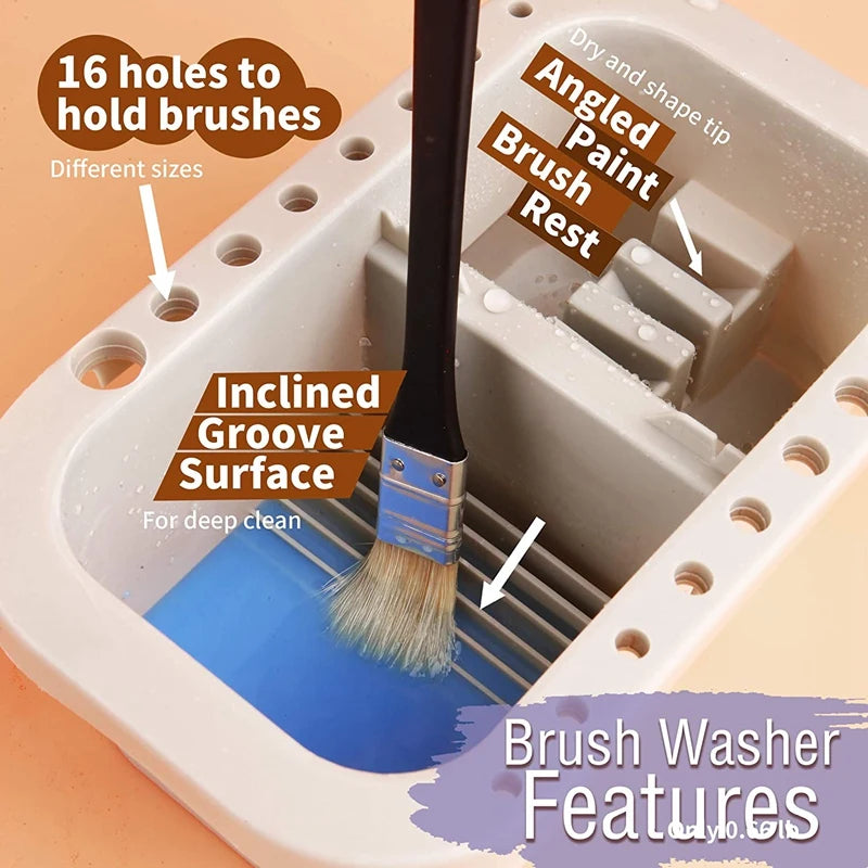 3X Brush Washing Bucket Multi-Use Paint Brush Basin With Art Palette Brush Holder Art Supplies Brush Washing Tool Oasis Select