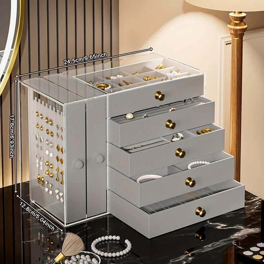 7Layer Flannel Transparent Jewelry Box High Capacity Drawer Organizers Earring Necklace Ring Storage Portable Storage Box Gifts Oasis Select B gray