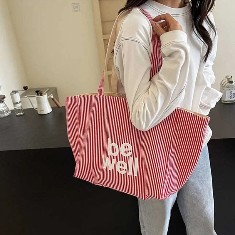 Large Capacity Tote Double-sided New Striped Casual Single Shoulder Textured Embroidered Canvas Bag for Students Oasis Select