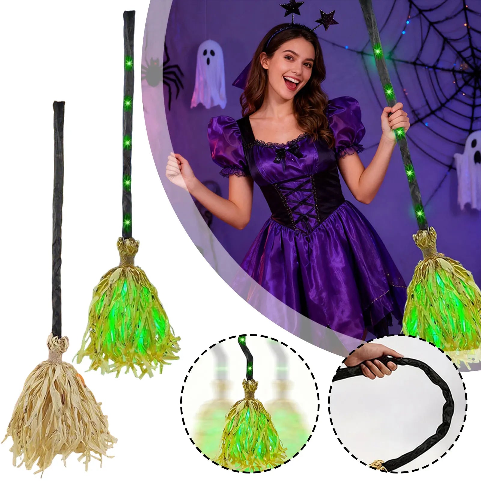 Animated Floating Witch Broom – Light-Up Halloween Decoration