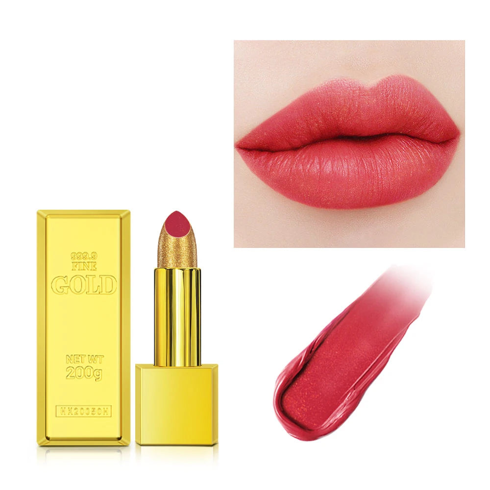 Shimmer Gold Metallic Glitter Lipstick – Long-Lasting Waterproof