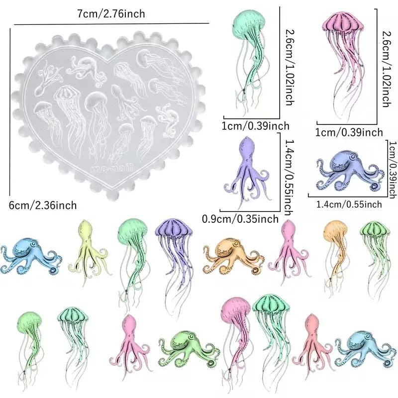 3D Silicone Sea Themed Nail Art Mold | Octopus Jellyfish Design Nail Stencils Manicure Carving Template, Made of Silica Gel Oasis Select 1PC