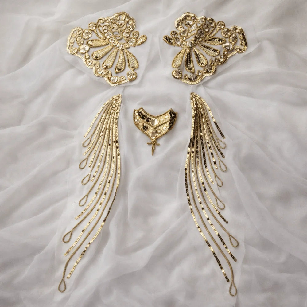 Gold & Silver Sequin Embroidered Wing Patch Set | Organza Trim