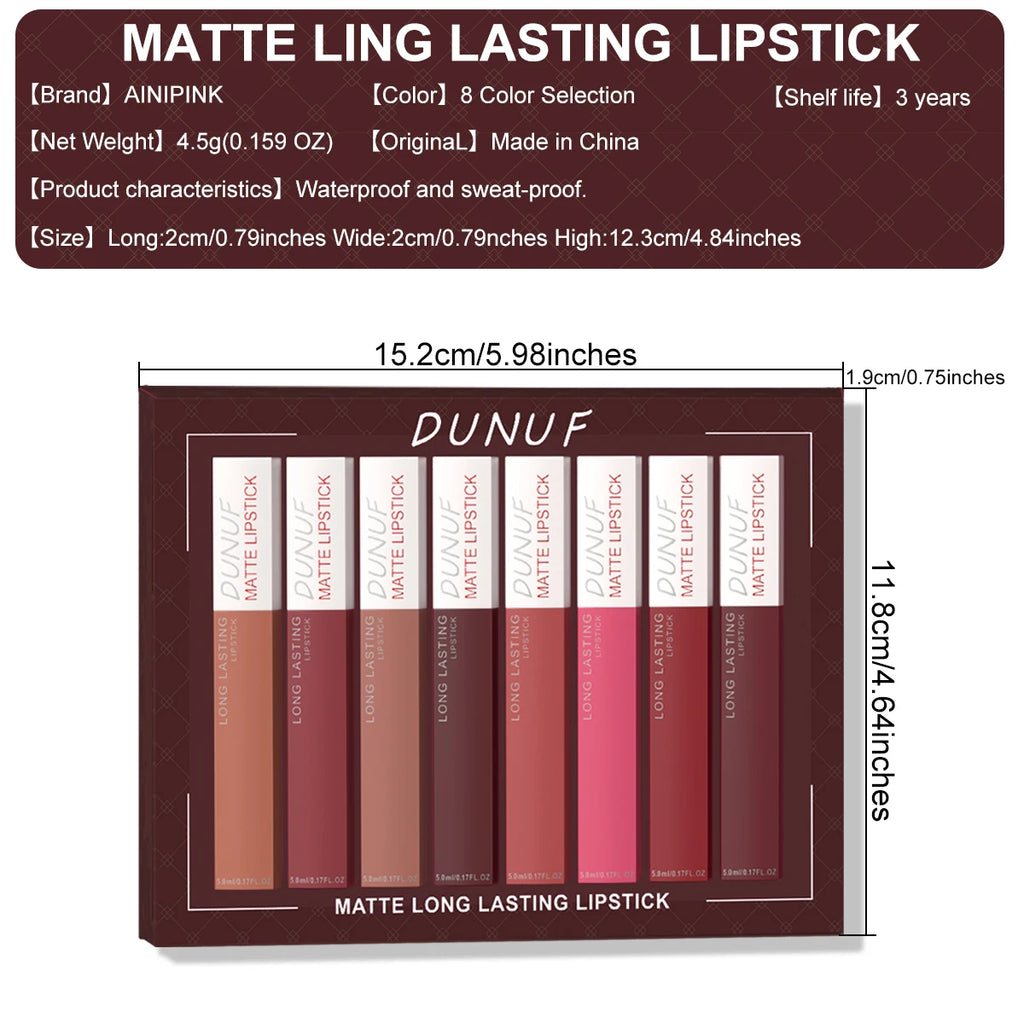Long-Lasting Lip Gloss Lipstick 8pcs/set: Matte Non-Stick Cup Waterproof Nude Deep Red Mauve Christmas And Valentine's Day Gifts Oasis Select