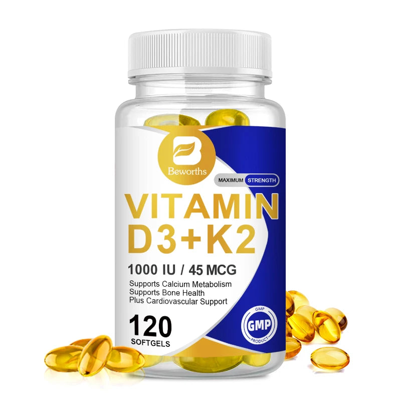 BEWORTHS Vitamin D3 & K2 Capsules Support Calcium Metabolism Absorption, Heart and Bone Health Vegan Gluten Free Strong Bone Oasis Select 120pcs 5Bottles United States