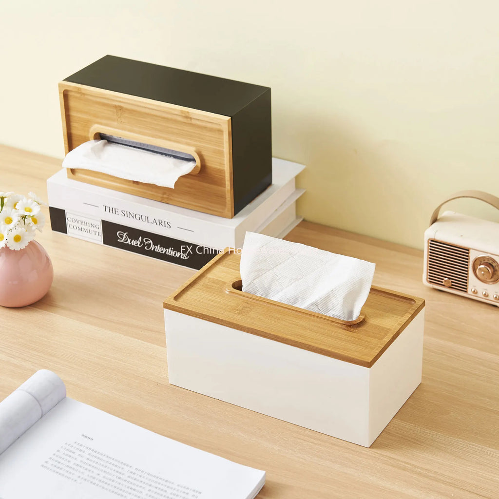 Japanese Style Bamboo Lid Tissue Box Holder - Plastic Desktop Organizer for Living Room, Bathroom, Office, Kitchen Storage Oasis Select